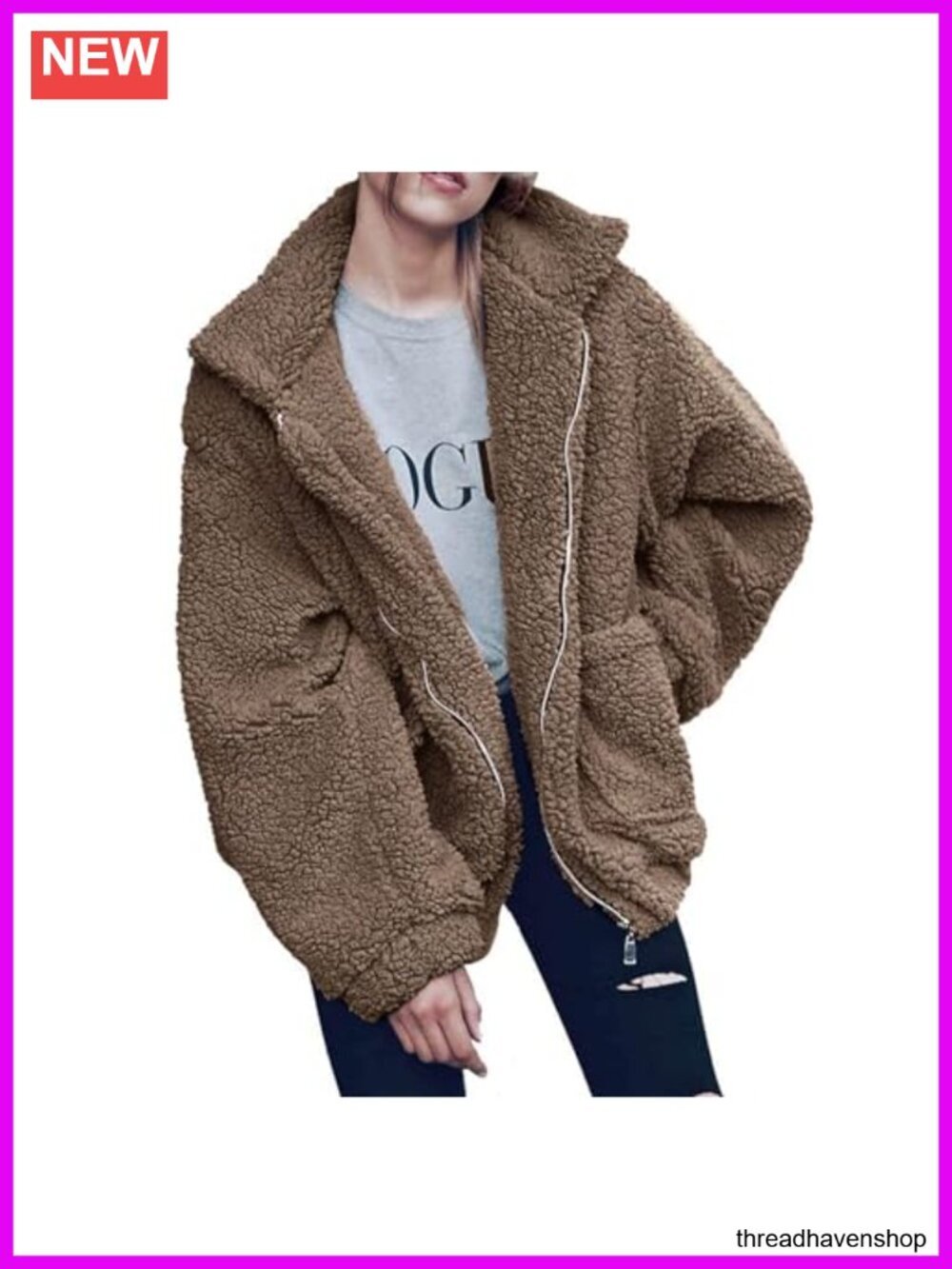 Oversized Sherpa Fleece Coat | Fuzzy Fluffy Teddy Faux Fur Jacket with Pockets,